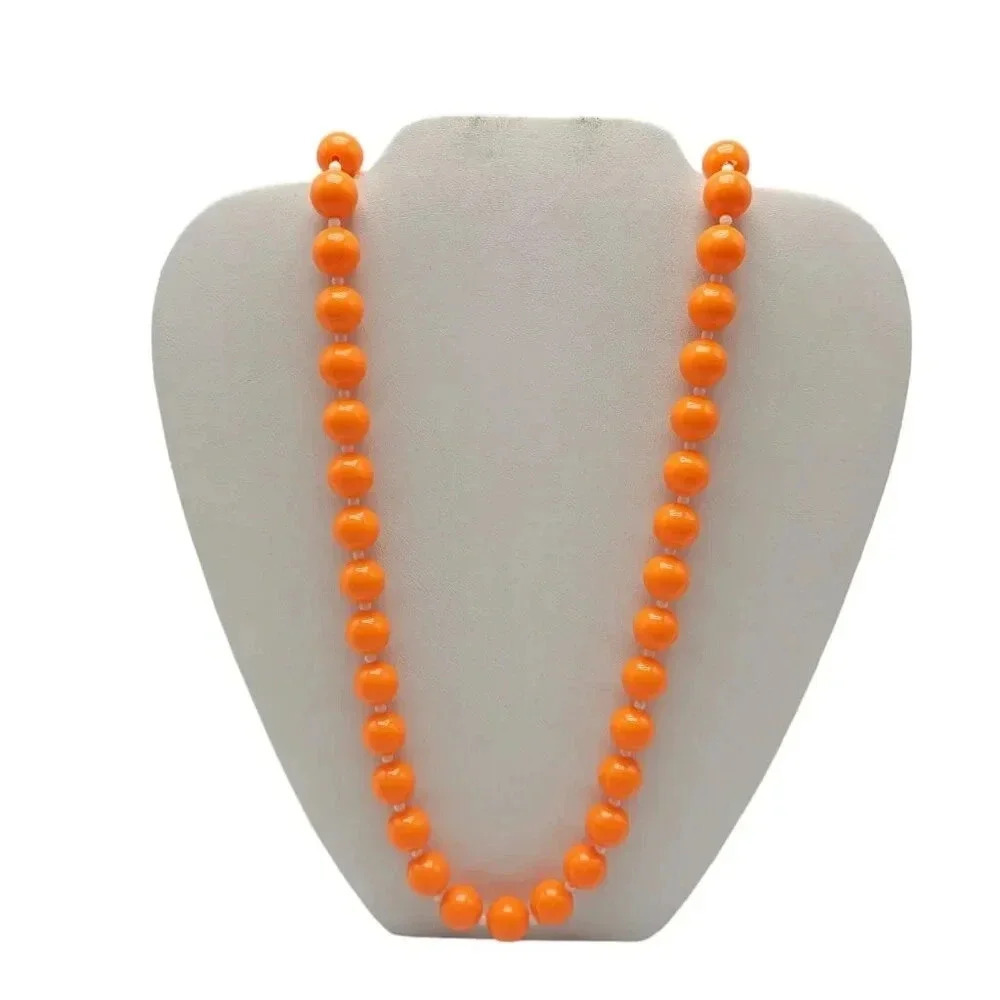 Orange Acrylic Ball Bead Long Necklace Spring Ring Closure Vintage